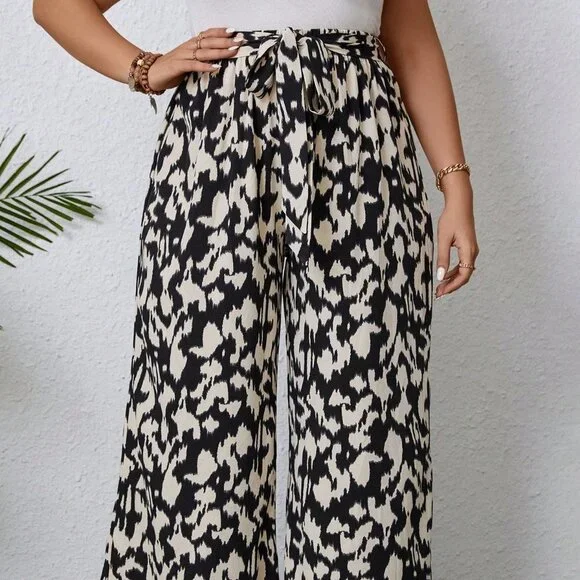 Black Preppy Womens Allover Print Belted Wide Leg Pants - Picture 4 of 5